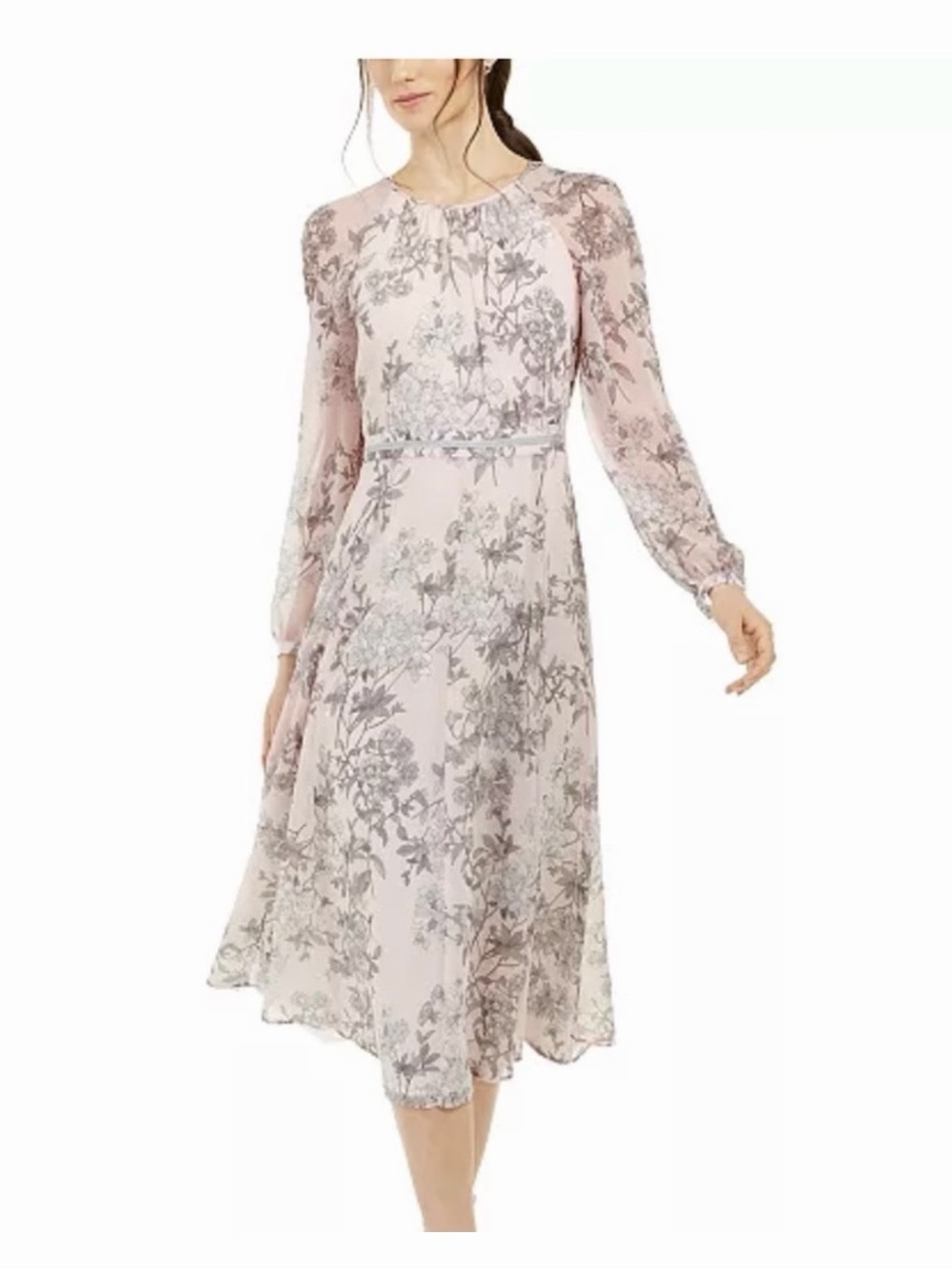 Floral Long-Sleeve Midi Dress in Blush